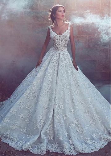 Fabulous Tulle V-neck Neckline See-through A-line Wedding Dresses With Beaded Lace Appliques