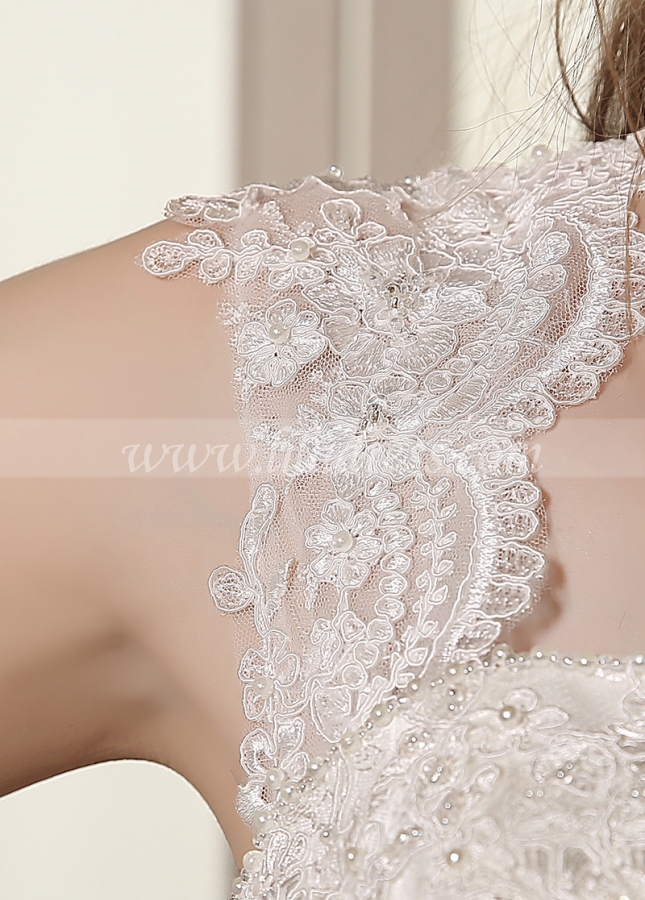 Romantic Satin Queen Anne Neckline Lace Appliques Mermaid Wedding Dresses