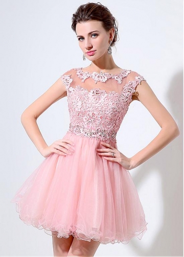 Pretty Tulle Bateau Neckline Short-length A-line Homecoming Dresses With Lace Appliques