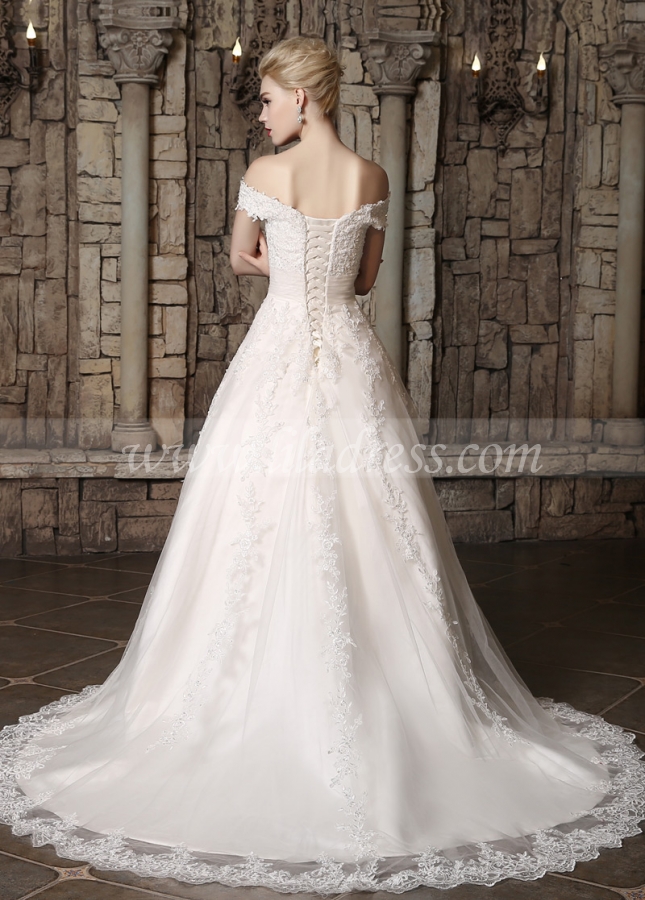 Glamorous Tulle Off-the-shoulder Neckline A-line Wedding Dresses With Beaded Lace Appliques