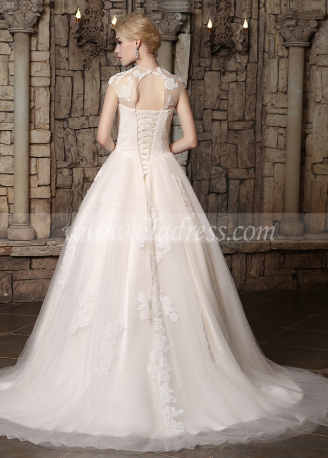 Fabulous Tulle & Lace Illusion High Neckline A-line Wedding Dresses with Lace Appliques