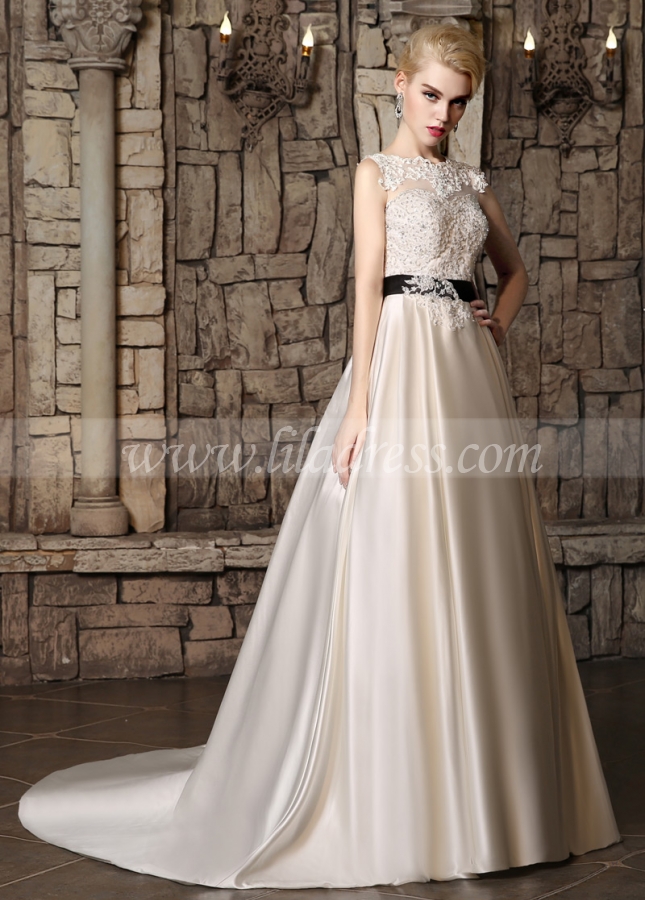 Gorgeous Tulle & Satin Jewel Neckline A-line Wedding Dresses with Beaded Lace Appliques
