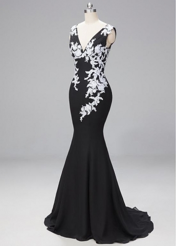 Stunning Lace & Chiffon V-neck Neckline Cap Sleeves Mermaid Evening Dresses