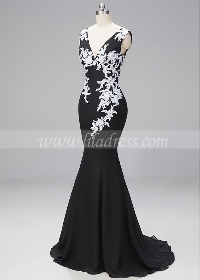 Stunning Lace & Chiffon V-neck Neckline Cap Sleeves Mermaid Evening Dresses