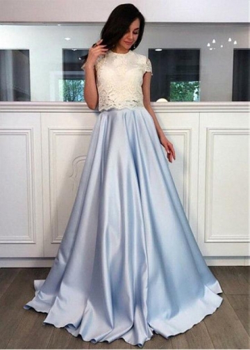 Fashionable Lace & Satin Jewel Neckline Floor-length A-line Prom Dresses