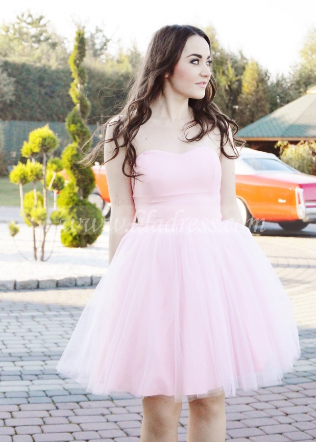 Curve Strapless Satin Tulle Short Pink Homecoming / Sweet 16 Dress
