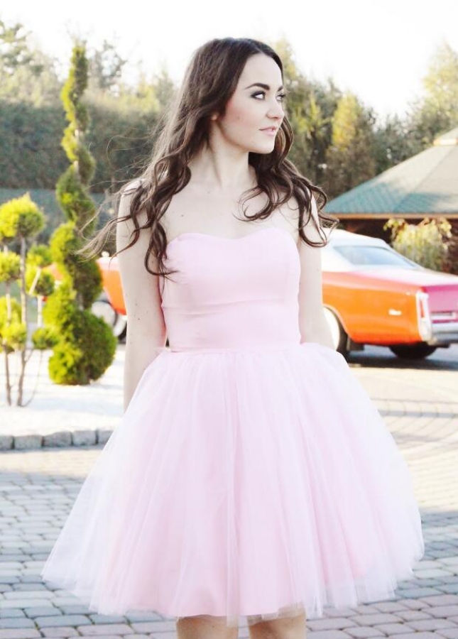 Curve Strapless Satin Tulle Short Pink Homecoming / Sweet 16 Dress