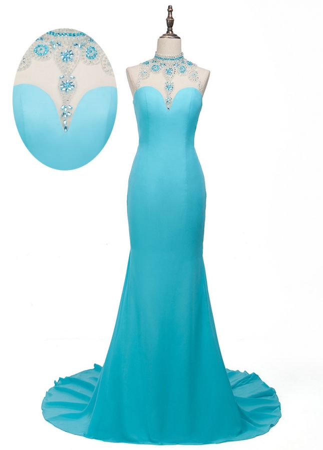 Glamorous Tulle & Chiffon Illusion High Collar Mermaid Evening Dresses With Beadings