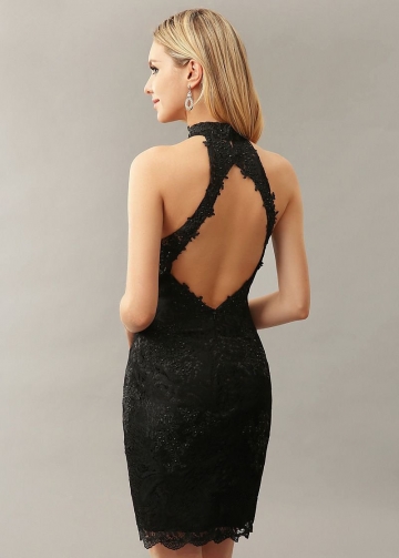 Close-fitting Halter Black Lace Cocktail Party Dress with Hollow Back