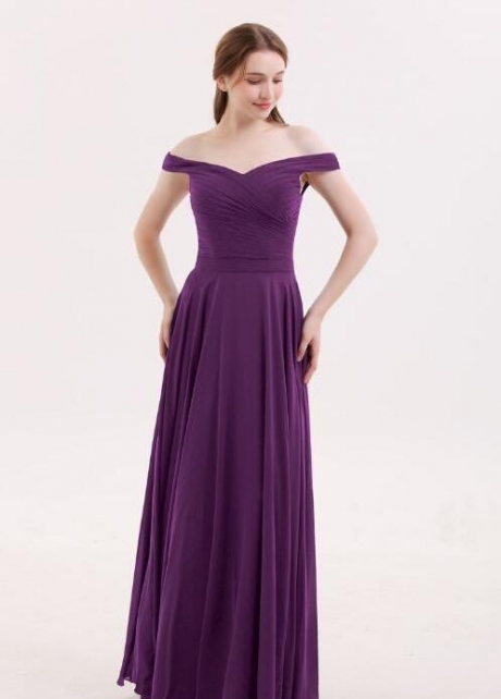 Chiffon Long Grape Bridesmaid Dresses with Off-the-shoulder