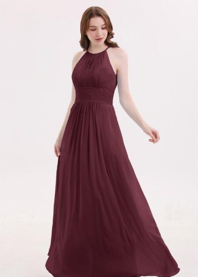 Cabernet Long Chiffon Wedding Guests Dresses with Pleated Bodice