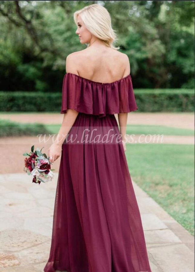 Colorful Chiffon Bridesmaid Dress with Flowy Off-the-shoulder