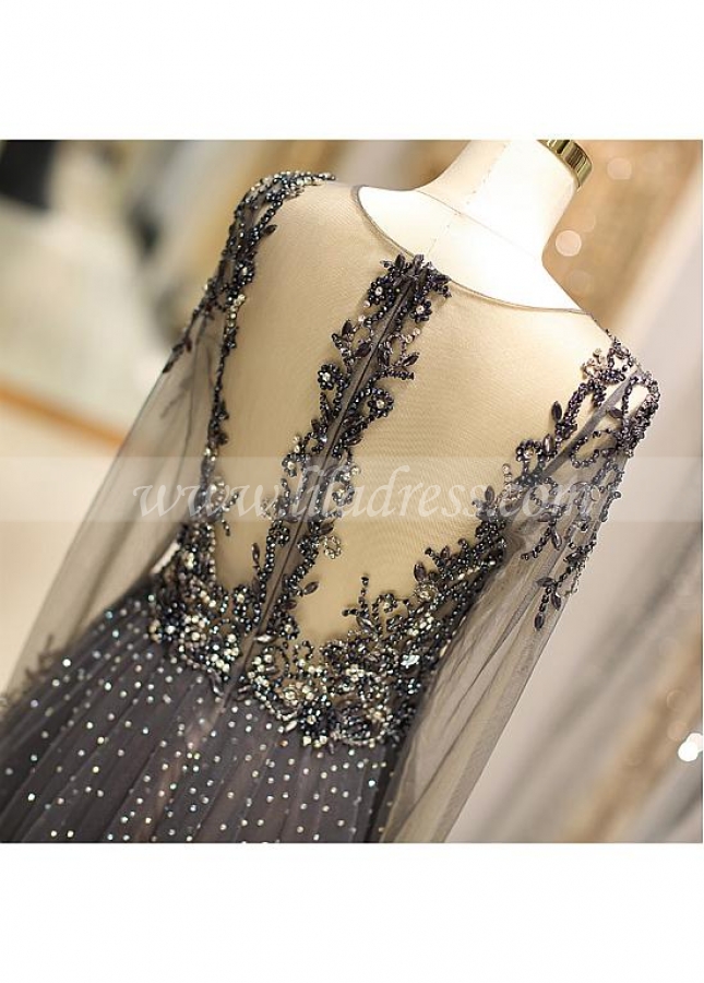 Winsome Tulle V-neck Neckline Floor-length A-line Evening Dress With Beadings