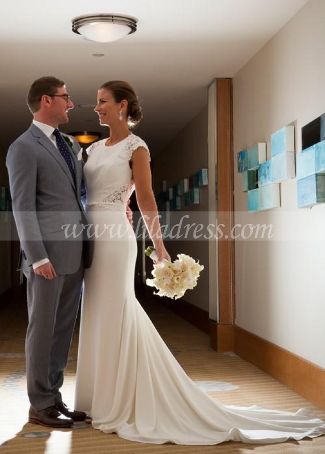 Cap Sleeves Lace Satin Wedding Gown with Sweep Train