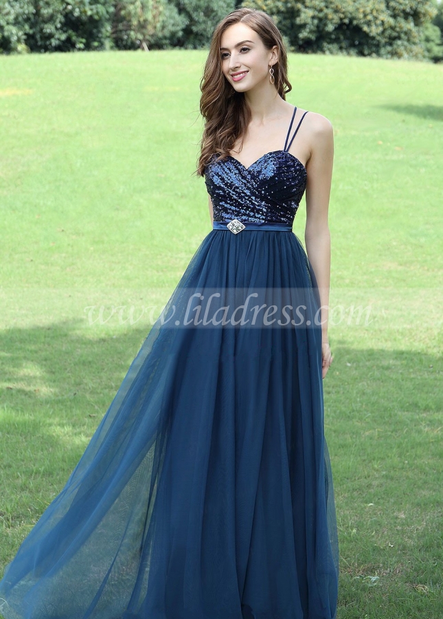 A-line Sequins Tulle Blue Prom Dresses with Spaghetti Straps