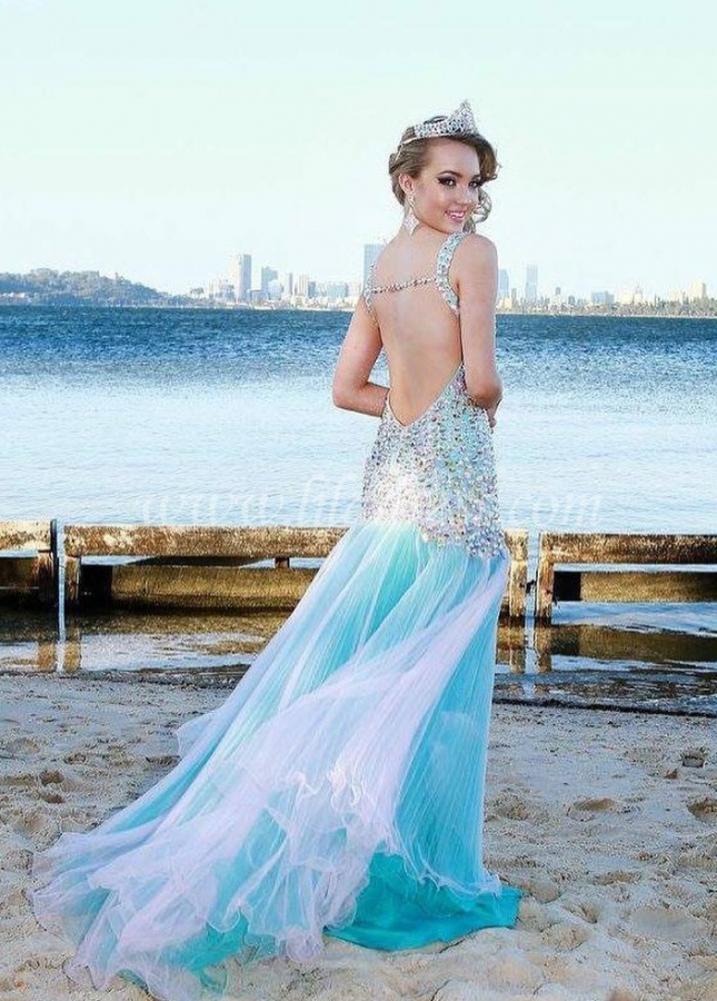 Colored Rhinestones Low Back Prom Long Pageant Dresses