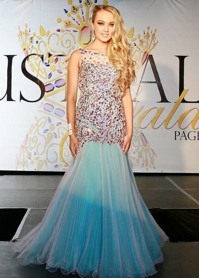 Colored Rhinestones Low Back Prom Long Pageant Dresses
