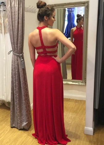 Crystals Halter Long Red Prom Gown with Double Slit Side
