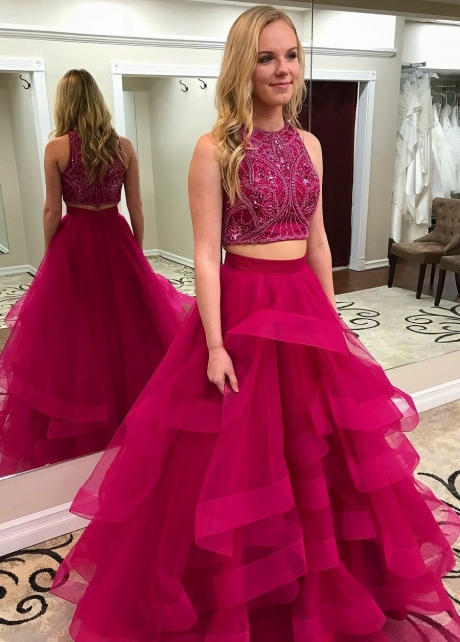 Crystals and Beaded Prom Dress Two Pieces Formal Dresses
