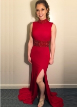 Crystals and Bead Red Prom Dresses with Slit Side
