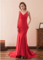 Close-fitting Red Simple Prom Evening Dresses with Pleated Train