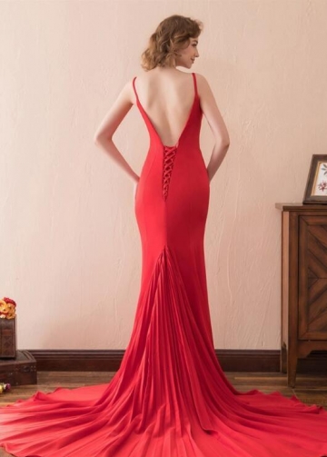 Close-fitting Red Simple Prom Evening Dresses with Pleated Train