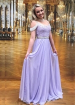 Chiffon Long Lavender Evening Prom Dress with Beaded Bodice