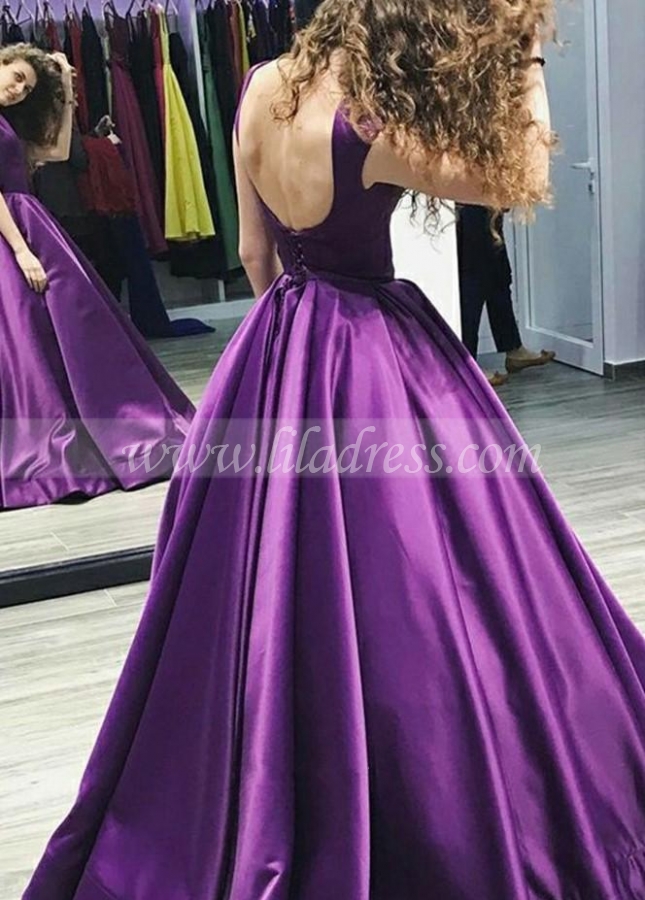 Cap Sleeves Satin Purple Prom Dress Gown Backless