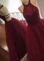 Clustered Rhinestones Halter Prom Dress Burgundy Tulle Skirt