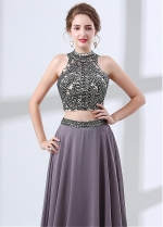 Fashion Chiffon High Collar Neckline Cut-out Two-piece A-line Evening Dress With Beadings