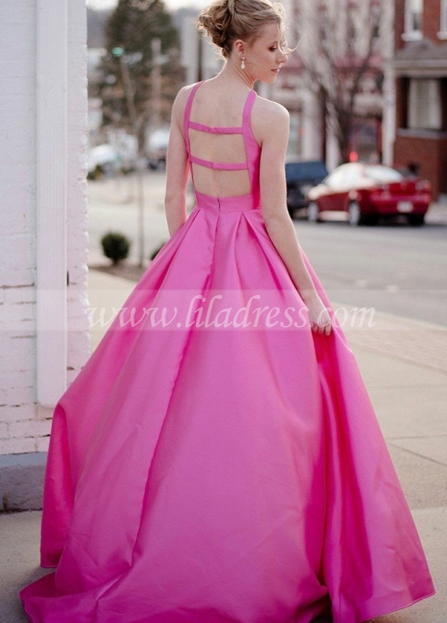 Crossed Halter Satin Formal Prom Gowns with Parallel Straps Back