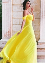 Chiffon Long Yellow Prom Dresses with Off-the-shoulder