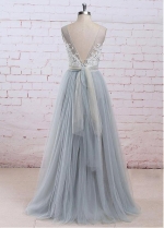 Amazing Tulle V-neck Neckline See-through Bodice A-line Bridesmaid Dress With Lace Appliques & Belt