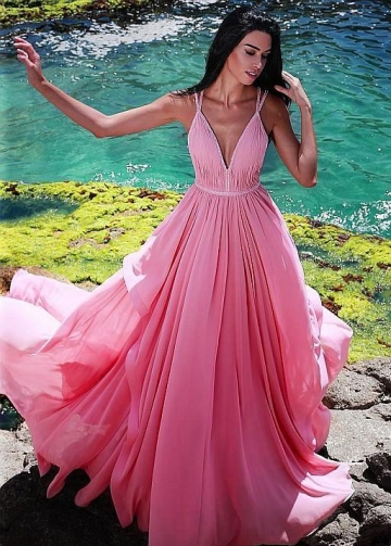 Chiffon Long Pink Dresses for Prom Party Gown with Pleated V-neckline Bodice