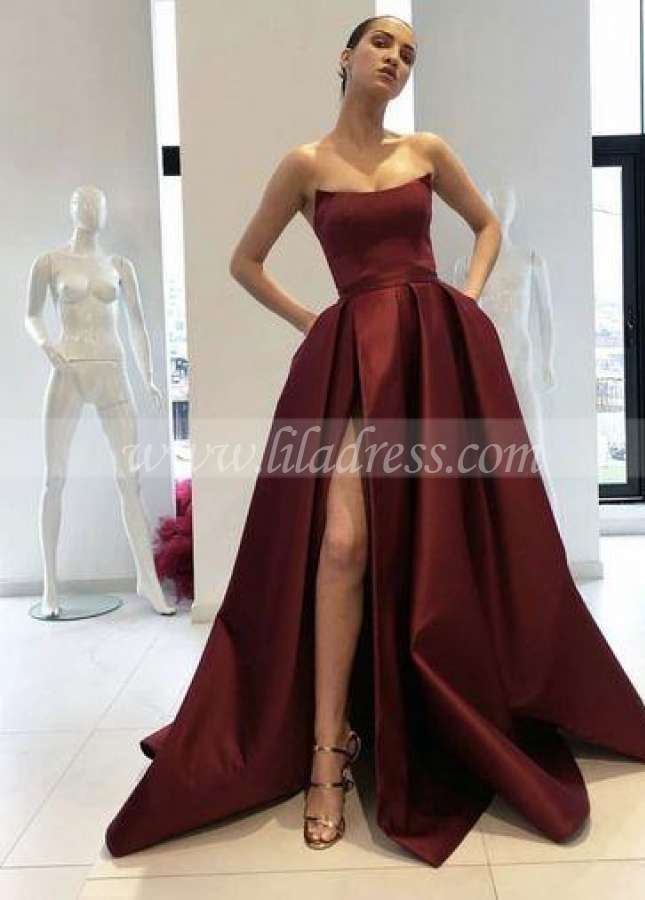 Curved Strapless Burgundy Prom Gowns Slit Side