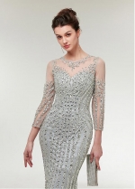 Brilliant Tulle Jewel Neckline 3/4 Length Sleeves Sheath/Column Evening Dress With Beadings