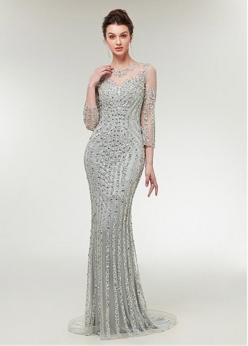 Brilliant Tulle Jewel Neckline 3/4 Length Sleeves Sheath/Column Evening Dress With Beadings