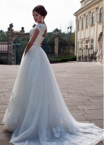 Classic Lace Cap Sleeves Wedding Dress with Black Belt