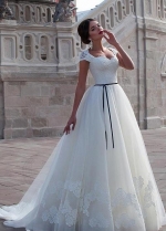 Classic Lace Cap Sleeves Wedding Dress with Black Belt