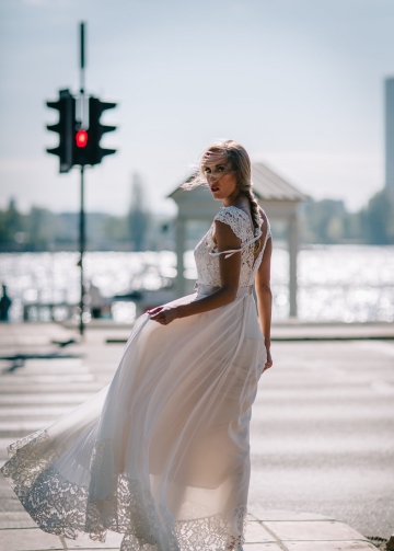 Chiffon Boho Wedding Dress with Lace Top and Hemline