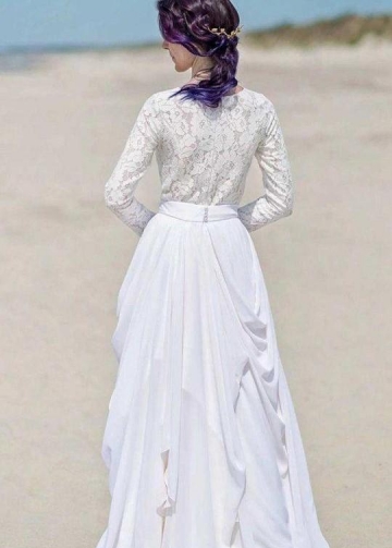 Chiffon Skirt Boho Wedding Dresses Lace Long Sleeves