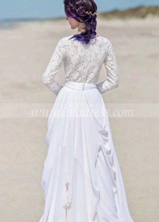 Chiffon Skirt Boho Wedding Dresses Lace Long Sleeves