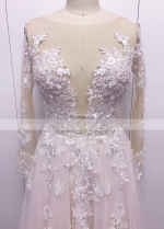 Champagne Tulle Wedding Dress with Illusion Lace Long Sleeves
