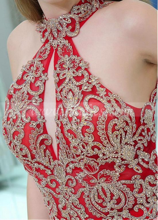 Glamorous Red Cut-out Mermaid Evening Dresses With Lace Appliques & Hot Fix Rhinestones