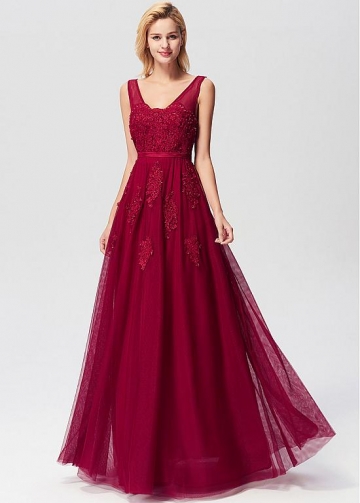 Fascinating Tulle V-neck Neckline A-line Evening Dresses With Lace Appliques & Beadings