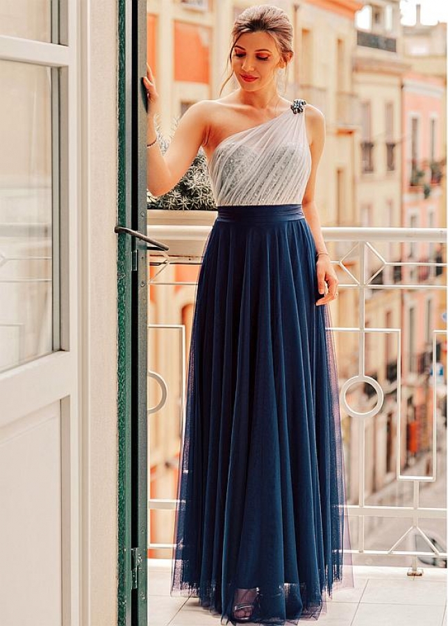 Excellent Tulle & Sequin Lace One Shoulder Neckline A-line Evening/Prom Dresses