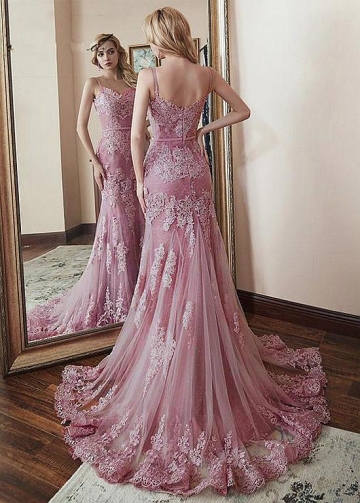 Alluring Tulle Spaghetti Straps Neckline Floor-length Mermaid Evening Dresses With Belt & Lace Appliques