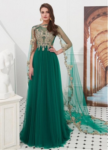 Winsome Tulle Jewel Neckline Floor-length A-line Prom Dresses With Lace Appliques & Beadings & Detachable Shawl