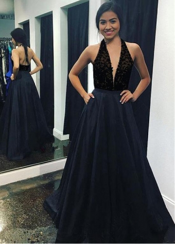 Stunning Satin Halter Neckline Floor-length A-line Prom Dresses With Lace Appliques