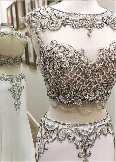 Sparkling Spandex Jewel Neckline Two-piece A-line Evening Dresses With Beadings